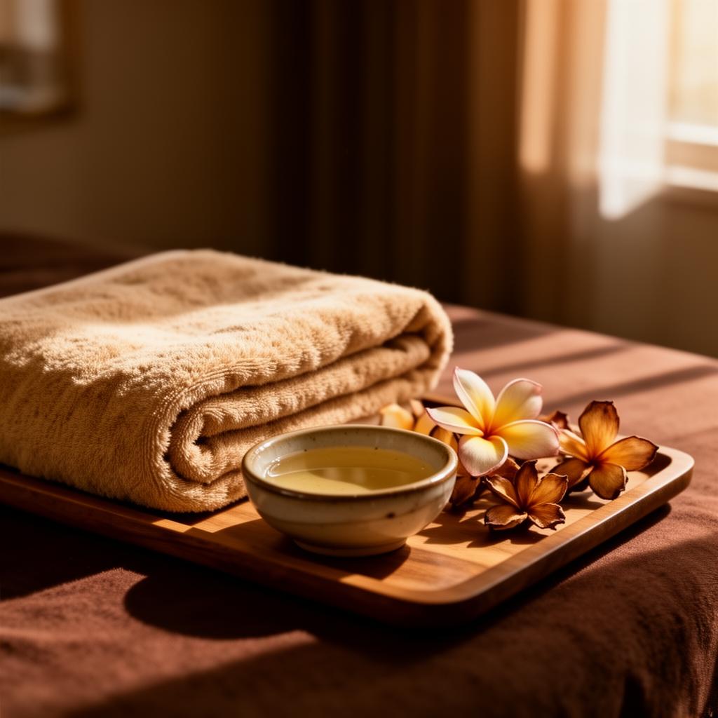 A warm ceramic bowl of massage oil and folded linen